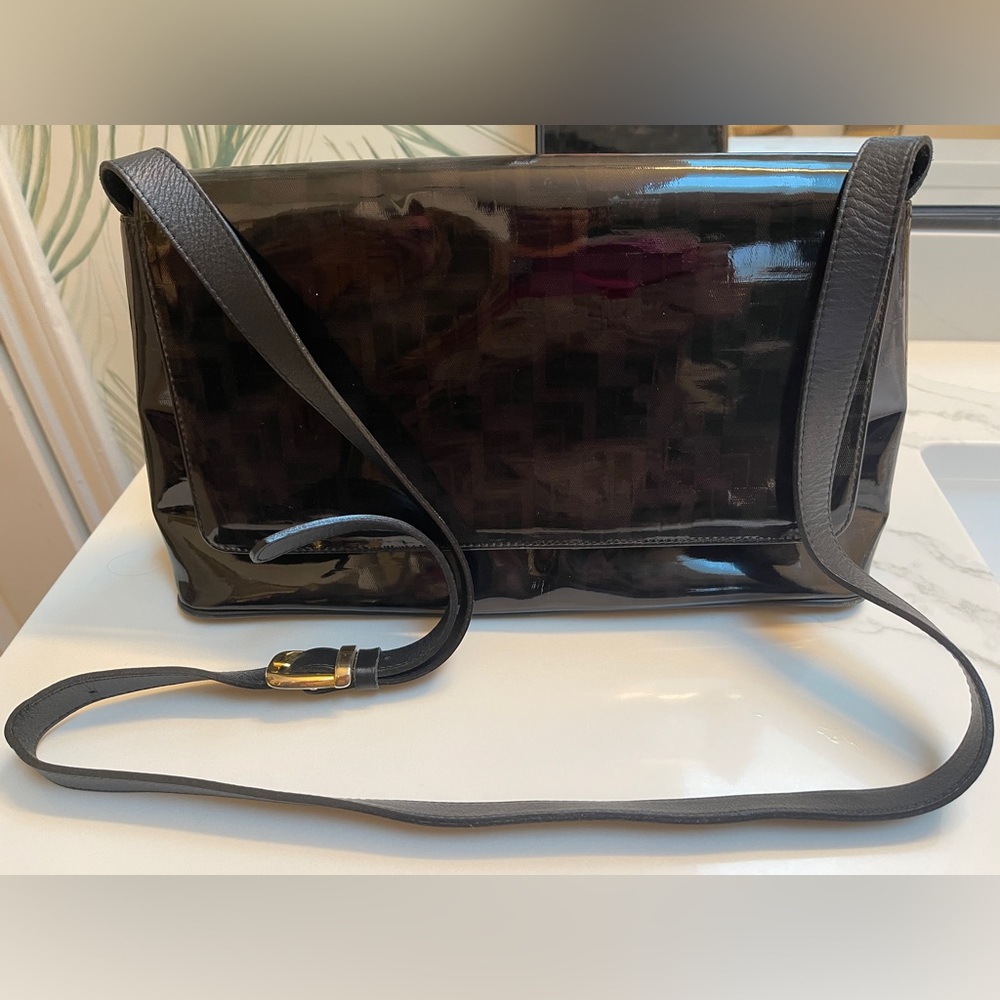 Leder Locher Swiss black patent leather handbag w gold detail
